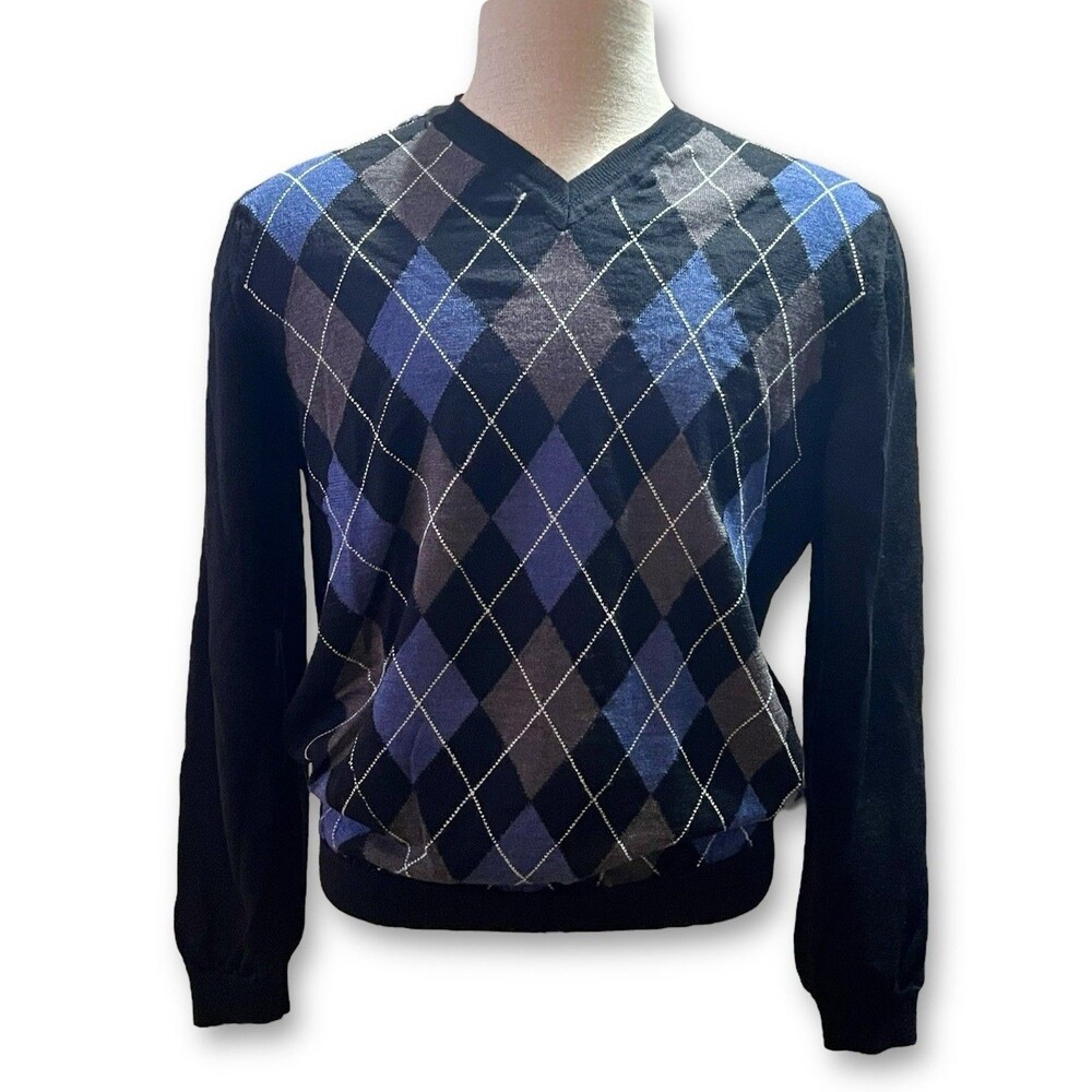 Marco Fiori Fine Knit Merino Wool Black Blue Argyle Sweater Sz Large Italy